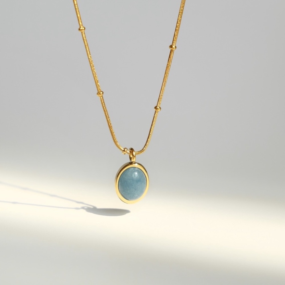 Natural Blue Stone Beaded Chain Necklace | Gold Plated Stainless Steel - Picture 5 of 5